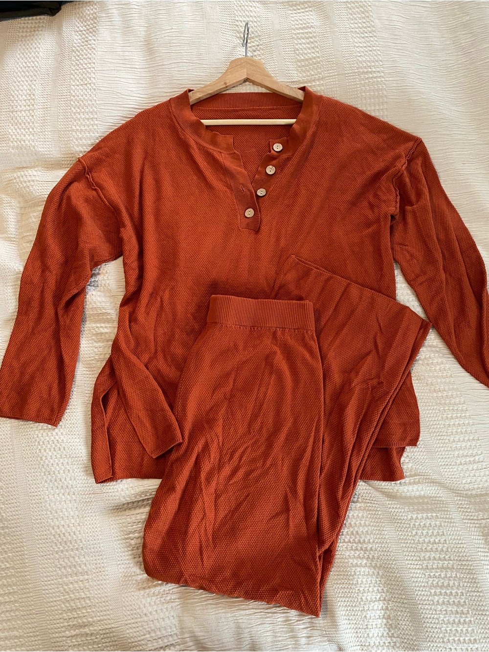 Rust Button-Neck Knit Lounge Set